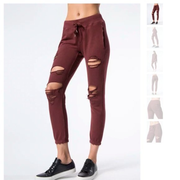 NSF Pants - NSF Distressed Maddox Jogger Sweatpants Burgundy